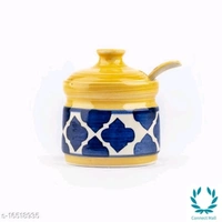 Yellow ceramic Achar Pickle Barni with Lid and Spoon set of 2 - Yellow